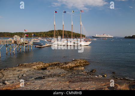 Tall Ships or Four-masted Schooners in Bar Harbor, on Mount Desert Island, Maine. Stock Photo