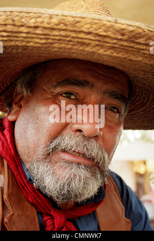 Portrait of old cowboy with gray beard and straw hat staring at the horizon. Stock Photo