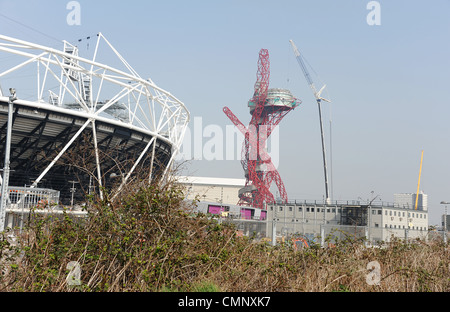 View of Olympic Stadium with ArcelorMittal Orbit Tower in the background. Stock Photo