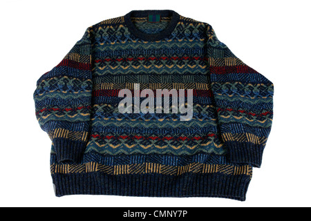 A blue patterned wool man's sweater on a white background Stock Photo