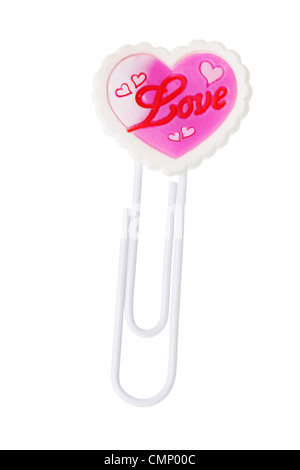 Paper Clip Decorated with Love Heart Shaped Symbol on White Background Stock Photo