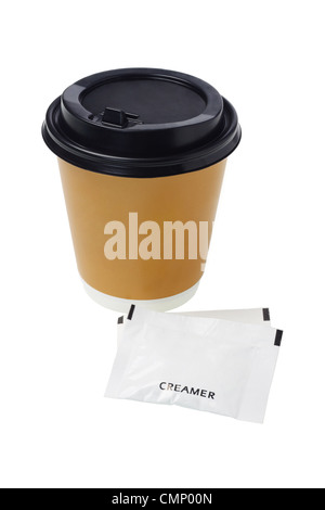 Coffee in Paper Cup and sachets of creamer on White Background Stock Photo