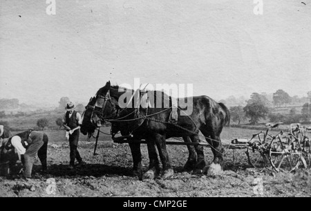 Compton Farm, Tettenhall, Early 20th cent. Farmers using an early ploughing machine pulled by shire horses. A man is sowing seed Stock Photo