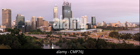A panoramic view of the Perth city skyline in Western Australia.