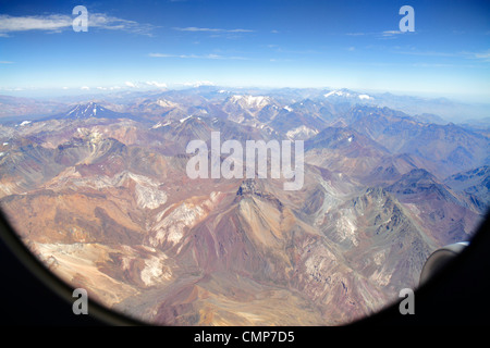 Santiago Chile,Andes Mountains,LAN Airlines,flight to Mendoza,window seat view,Argentina border,aerial overhead view from above,science,geography,rang Stock Photo