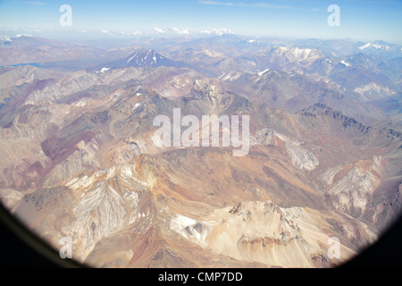 Santiago Chile,Andes Mountains,LAN Airlines,flight to Mendoza,window seat view,Argentina border,aerial overhead view from above,science,geography,rang Stock Photo