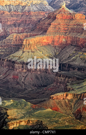 Civil twilight bathes the Temple of Osiris in Arizona’s Grand Canyon National Park from Yavapai Point and South Rim. Stock Photo