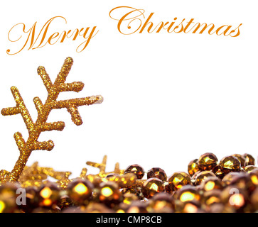Golden Christmas background with pearls and golden snow flake isolated on white