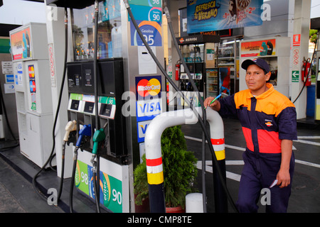 Lima Peru,Barranco District,Avenida Miguel Grau,Repsol,gas,gasohol,Efitec 95,service station,service,alternative fuel,lower emission,Hispanic man men Stock Photo