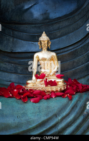 Golden Buddha statue and red rose petals on the lap of a very large buddha statue Stock Photo