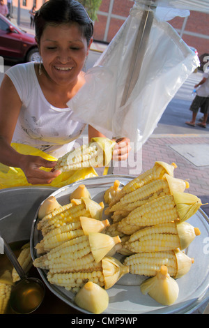 Lima Peru,Jiron de la Union,street food,vendor vendors stall stalls booth market marketplace,buyer buying selling,Cuzco Maize,corn on the cob,choclo,k Stock Photo