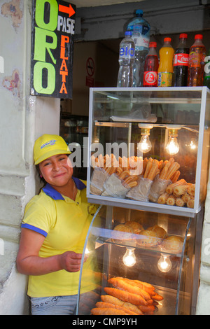 Lima Peru,Jiron de la Union,kiosk,doorway shop,vendor vendors,stall stalls booth market buying selling,churro,Spanish doughnut,fried dough,pastry,Hisp Stock Photo