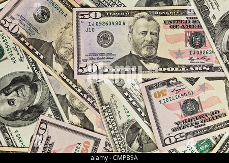 Fifty dollar bills money pile. Stock Photo