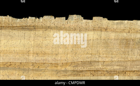 papyrus paper rough texture with fiber pattern, wrinkles, loose fibers and dust, edge shown against black background Stock Photo