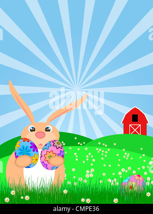 Happy Easter Bunny Rabbit Egg Hunting on Green Pasture with Red Barn Illustration Stock Photo