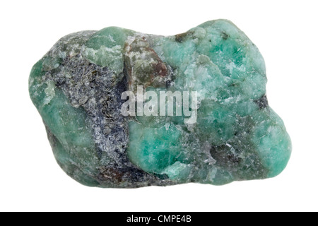 raw emerald gemstone (mineral beryl) with inclusions mined in Brazil isolated on white Stock Photo