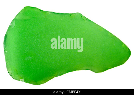 piece of broken green bottle glass polished, smoothed and frosted naturally by a river, isolated on white Stock Photo