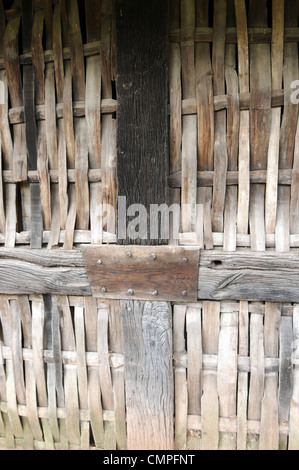 A close up photo of the lattice wall of Stryd Lydan Barn at St.Fagans Museum Of Welsh Life in South Wales. Stock Photo