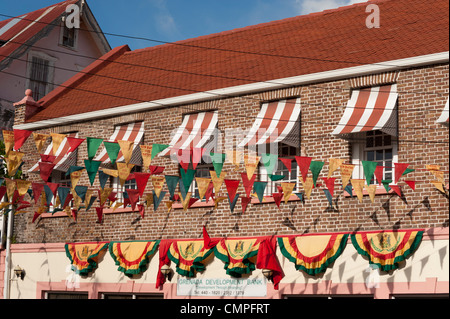 Public decorations outside the Grenada Development Bank for the independence day celebrations in St. Gerorge's, Grenada Stock Photo