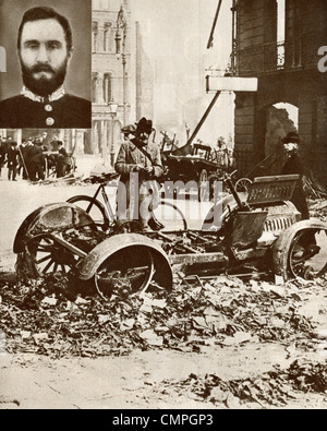 The Irish Rebellion of 1916 showing the wreckage of barriers and burnt out cars in Dublin. Inset Sir Roger Casement Stock Photo