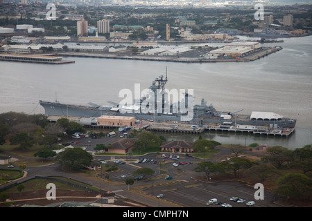 Aerial view of USS Missouri (BB-63) ('Mighty Mo' or 'Big Mo') is a United States Navy Iowa-class battleship Stock Photo