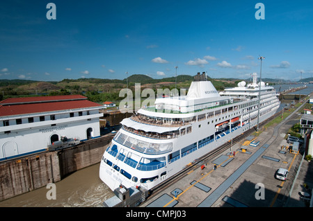 Cruise ship in transit by Miraflores Locks. Panama Canal Stock Photo