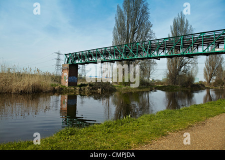 Canal scene with electricity pylons and pipe bridge on a sunny day. Stock Photo