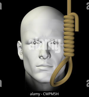 Suicidal man and hanging noose on black background. 3d illustration. Stock Photo