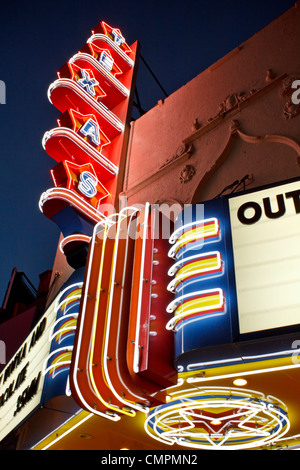 Neon sign outside Texas Theatre, the place where Lee Harvey Oswald was arrested shortly after allegedly assassinating JFK. Stock Photo