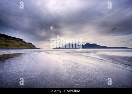 Early evening view towards Rum from the Bay of Laig on the Isle of Eigg, Hebrides, Scotland, United Kingdom, Europe Stock Photo