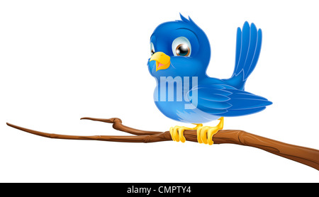 A blue bird cartoon character sitting on a branch Stock Photo