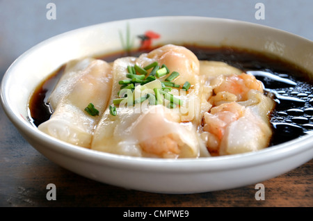 Rice noodle rolls with shrimps and soy sauce Stock Photo