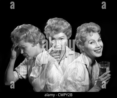 1950s 1960s MULTIPLE EXPOSURE WOMAN WITH A HEADACHE TAKING MEDICINE AND SMILING WITH EXPRESSION OF RELIEF FROM PAIN Stock Photo