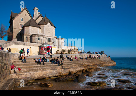 People in front of Palácio do Duque de Palmela palace Cascais coastal resort near Lisbon Portugal Europe Stock Photo