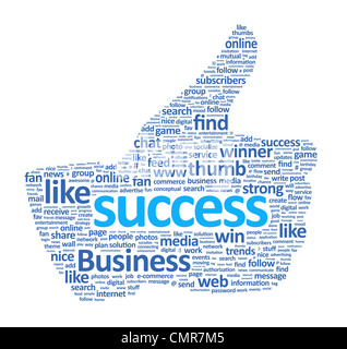 Success thumb up sign is made of various single words. Isolated on white. Stock Photo