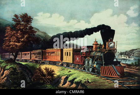 1800s 1860s CURRIER IVES AMERICAN EXPRESS TRAIN SPEWING DARK SMOKE STEAM LOCOMOTIVE STEAMBOAT IN DISTANCE Stock Photo