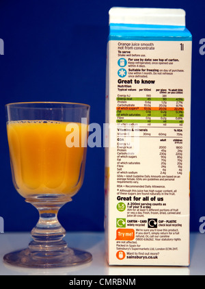 Nutritional information on carton of Sainsbury's Pure Squeezed Orange Juice, London Stock Photo