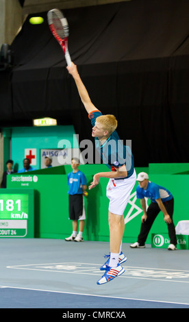 Kyle Edmund plays tennis in final of BNP Paribas Open Champions Tour against Mitchell Krueger in Zurich Stock Photo