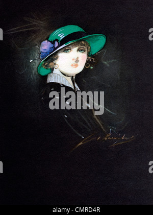 Girl In A Green Hat, 1920 Art Deco illustration of a pretty girl in a green hat Stock Photo