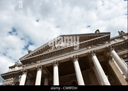 A slanted shot of the front of the Brussels Stock Exchange La Bourse. Stock Photo