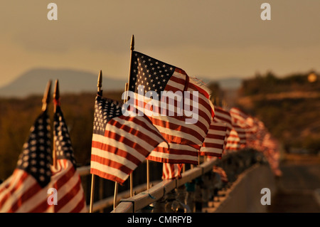 American flags attached to a bridge over the Santa Cruz River blow in the wind in Green Valley, Arizona, USA. Stock Photo
