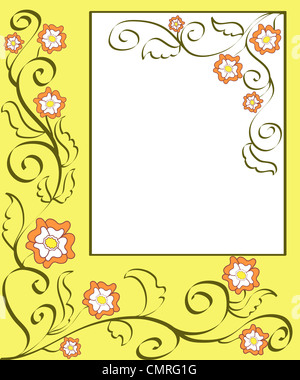 Flowers and leaves frame on yellow background Stock Photo