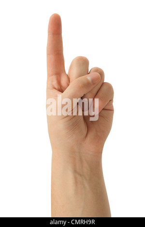 Hand simulating pressing a button or something else with index finger extended, isolated on a white background. Stock Photo