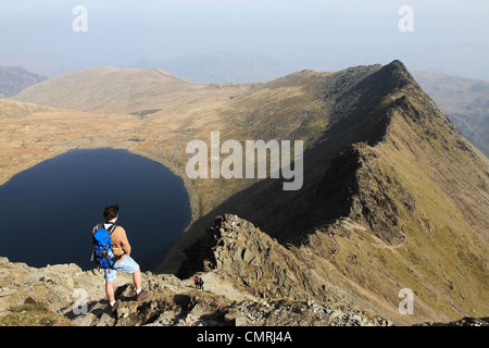 A young man looks down along Striding Edge with Red Tarn to the left, Helvellyn, Cumbria NW England UK Stock Photo