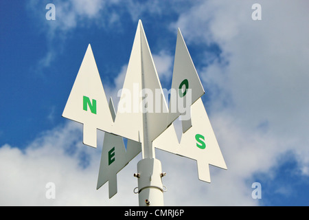 Direction signpost showing the compass points North,South,West and East against a cloudy blue sky. Stock Photo