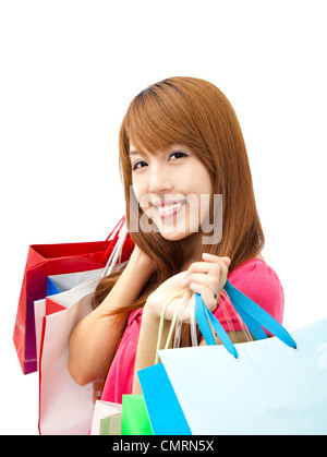 smiling woman holding shopping bag isolated on white Stock Photo