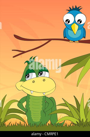 Crocodile and the bird in the jungle vector book illustration Stock Photo