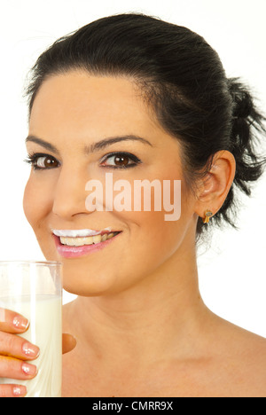 Happy woman drinking milk isolated on white background Stock Photo