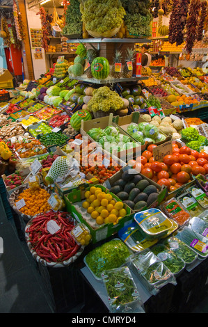 Greengrocer inside Mercado de Triana market hall central Seville Andalusia Spain Stock Photo