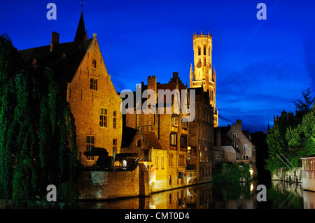 Belgium, Flanders, Bruges, Bellfort-Hallen Bell Tower at Night Stock Photo